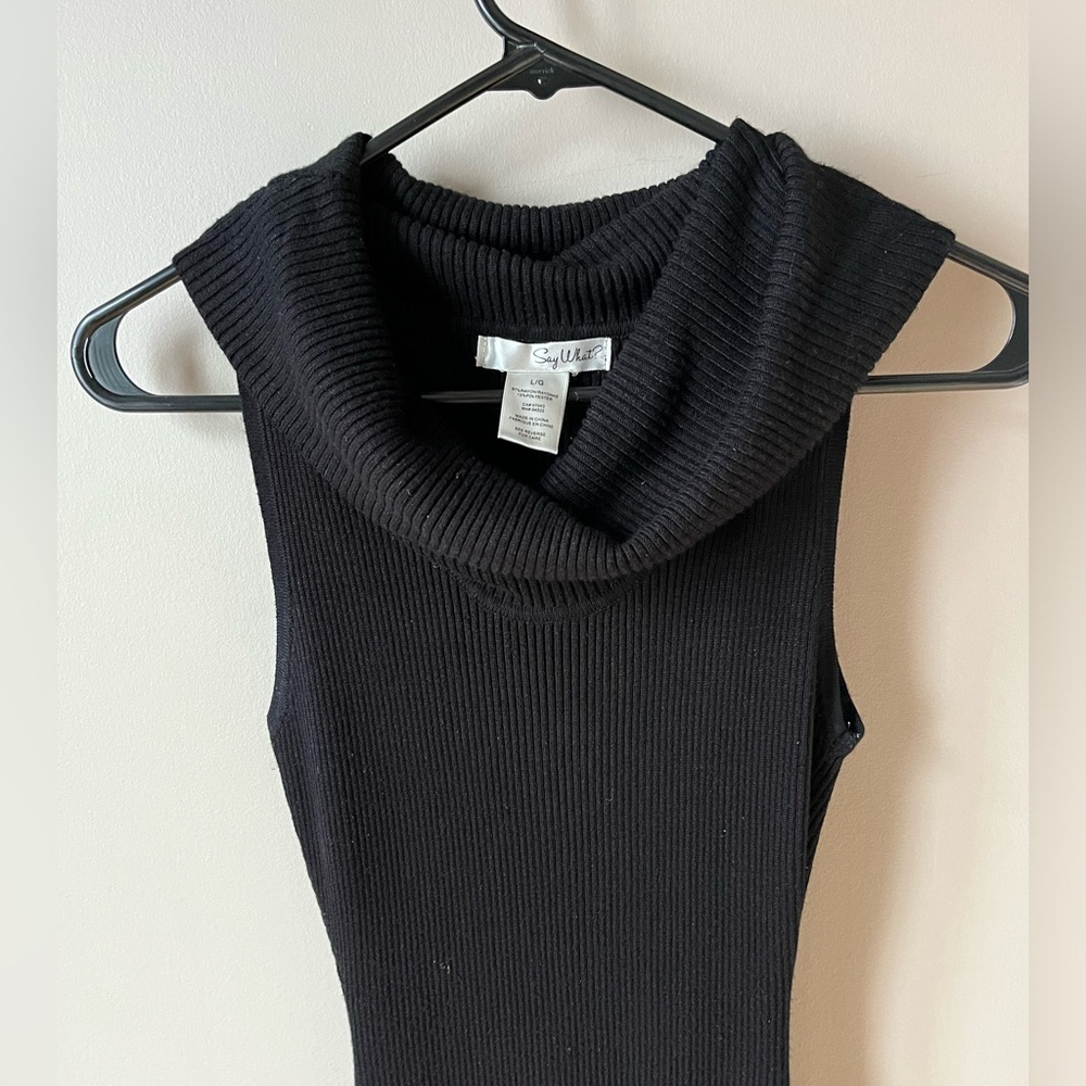 Sexy Black Ribbed Cowl Neck Sleeveless Dress with Asymmetrical Bottom - Large